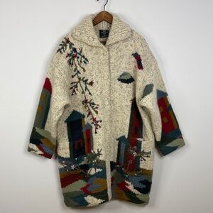 Vintage Hand Knit Sweater Jacket Women Medium Gray Wool Village Balkan Sirogojno